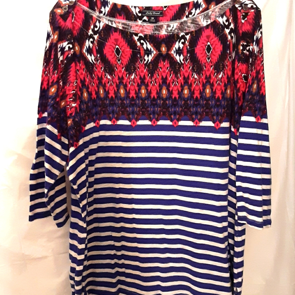 EUC 3X Lucky Brand 3/4 Sleeve Boat Neck Print Top
